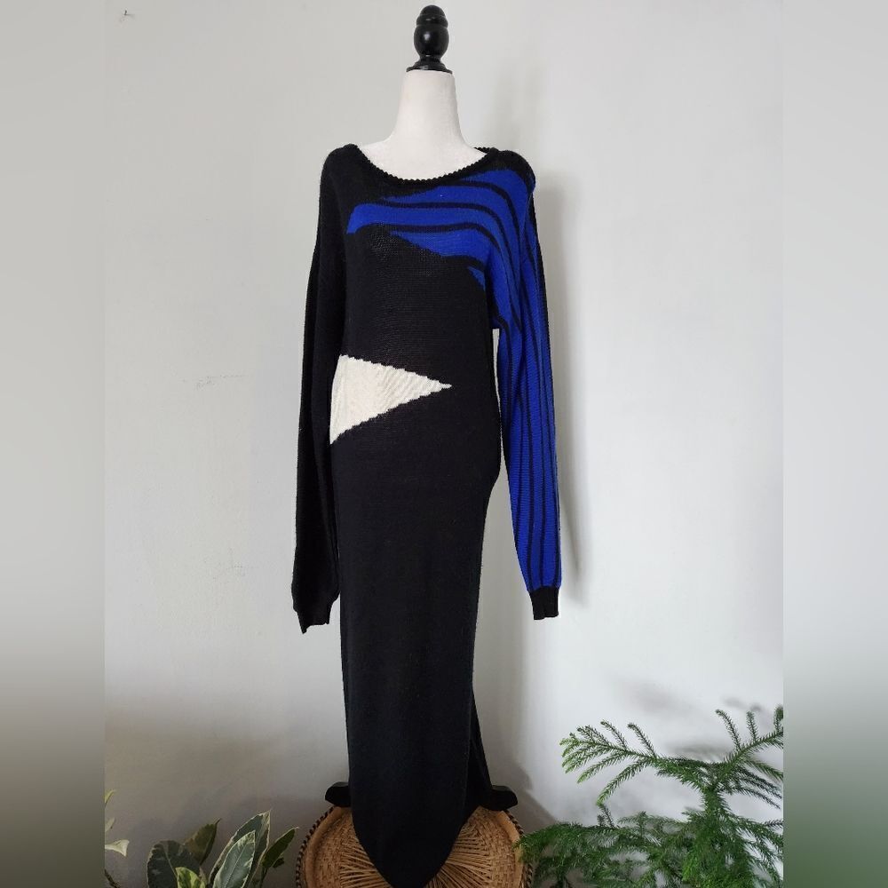 80s Black Knit Sweater Dress Maxi Colorblock Angora Fall Warm cozy